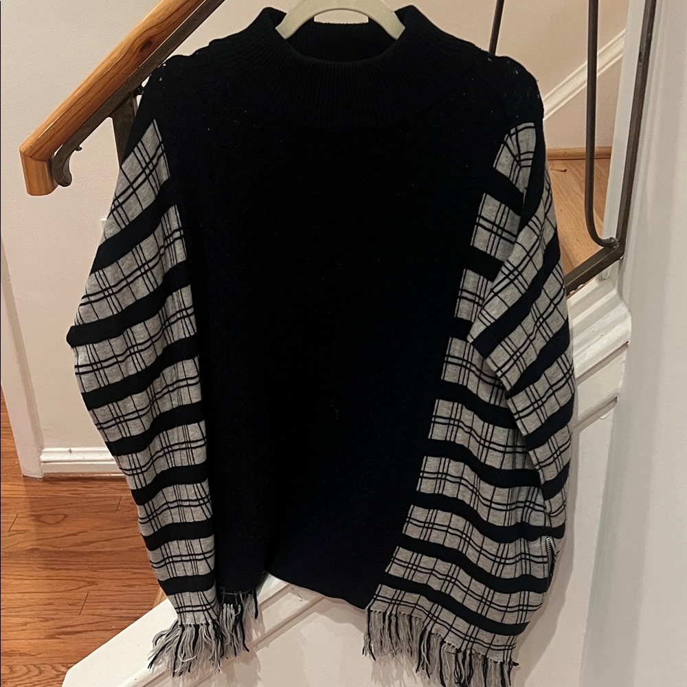 French Connection Black and Gray Plaid Sleeve Sweater